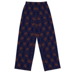 Navy blue pants with gold elephant pattern on a white background