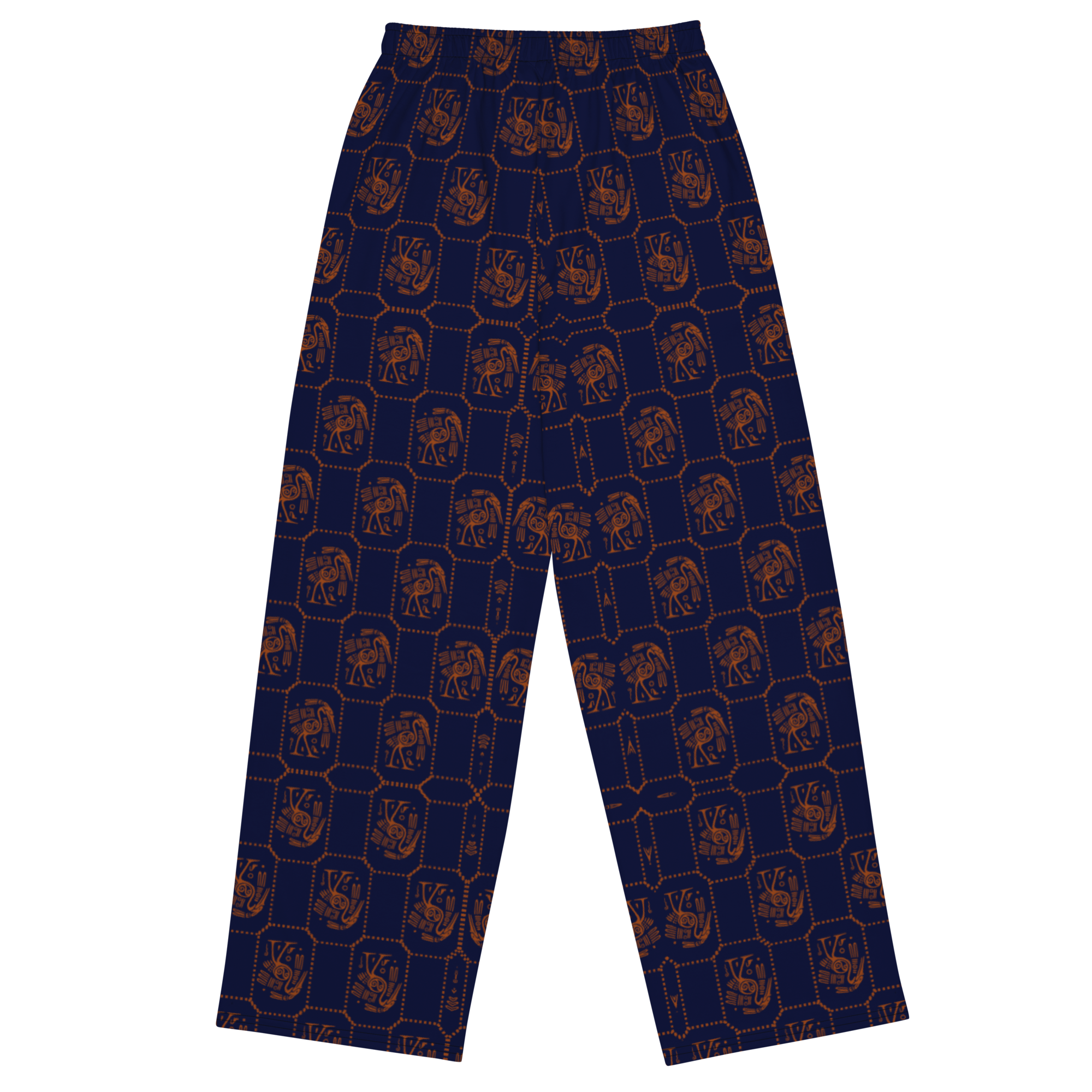 Navy blue pants with gold elephant pattern on a white background