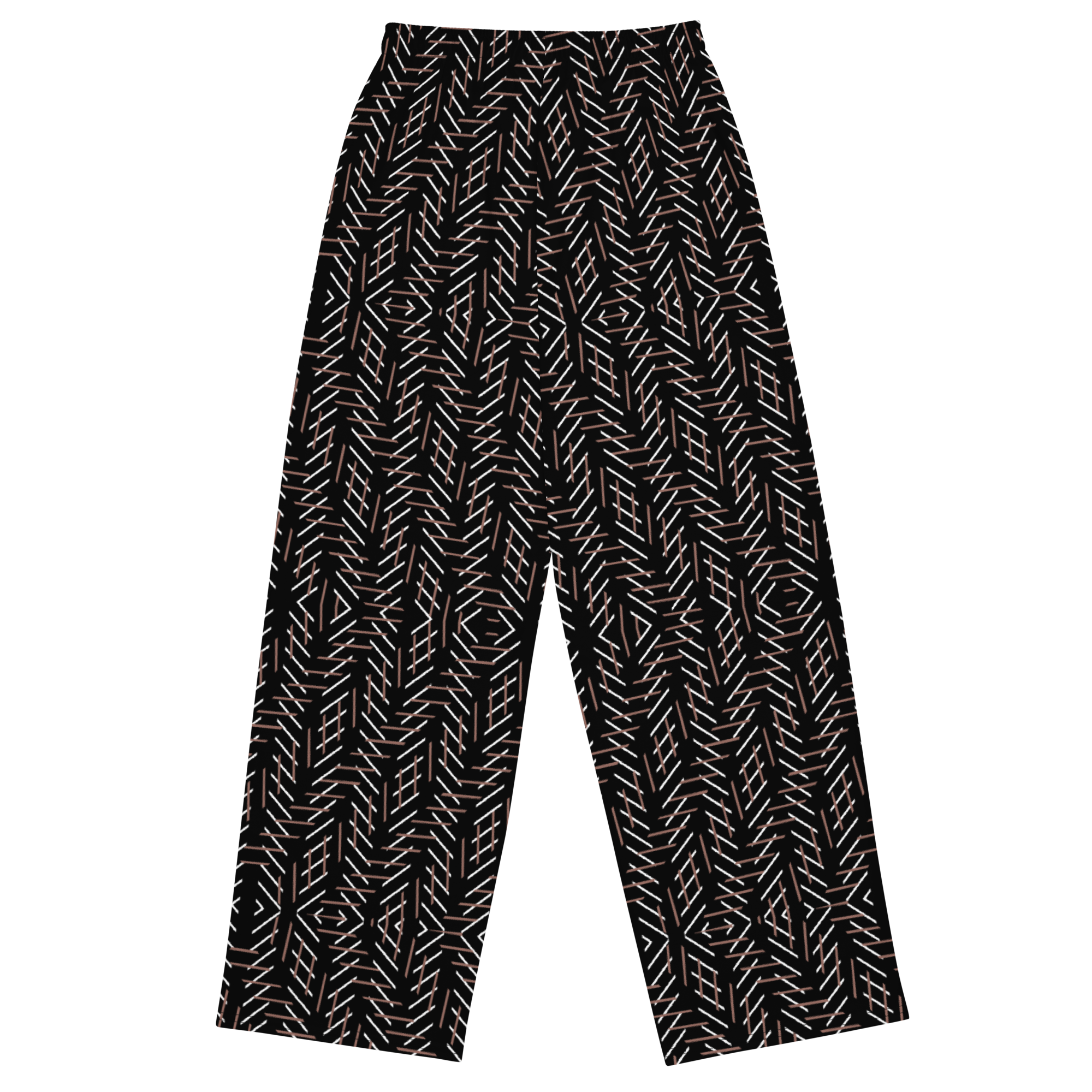 Black pants with geometric pattern on a white background
