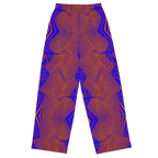 Trousers with a blue and orange wavy pattern on a white background