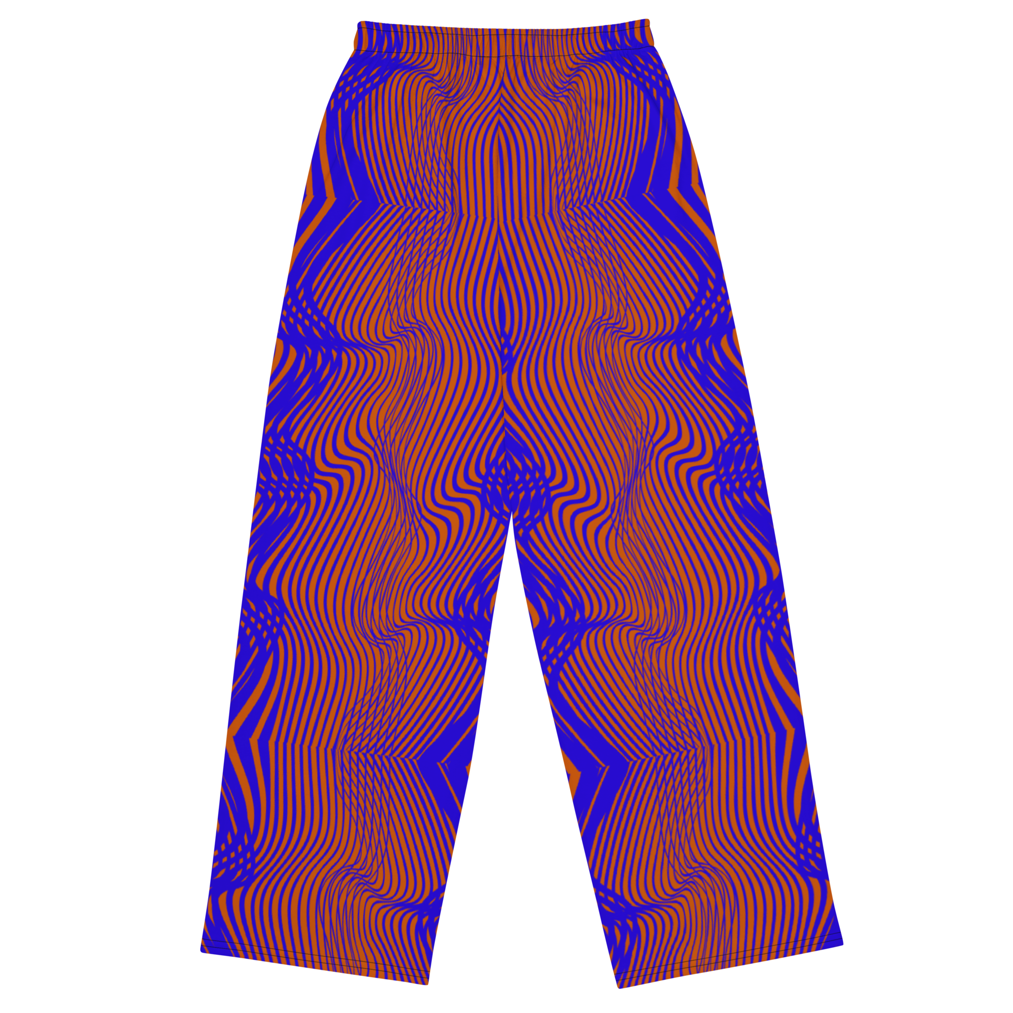 Trousers with a blue and orange wavy pattern on a white background