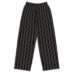 Black pants with white geometric pattern on a white background