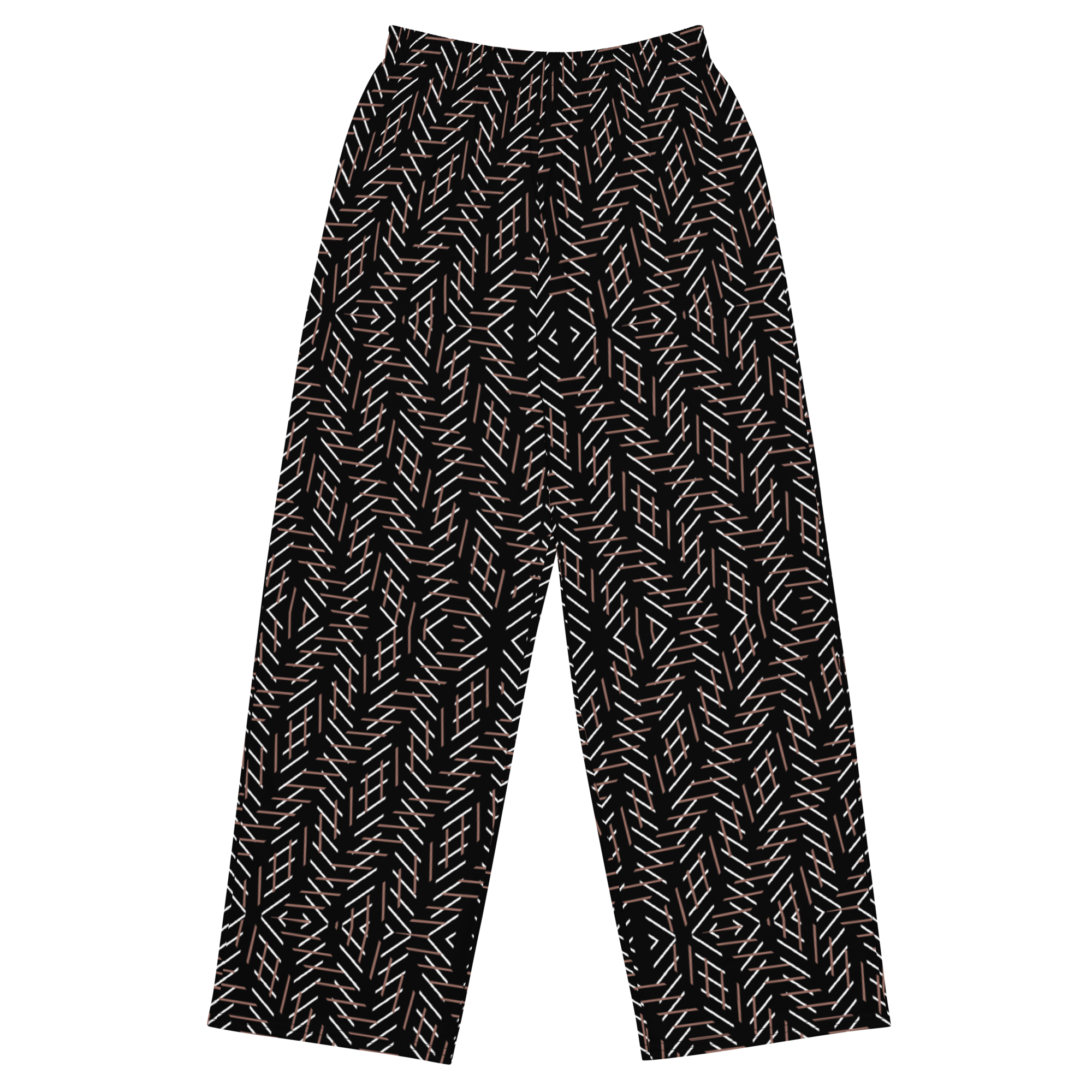 Black pants with white geometric pattern on a white background