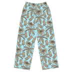 Floral patterned pants on a light blue background