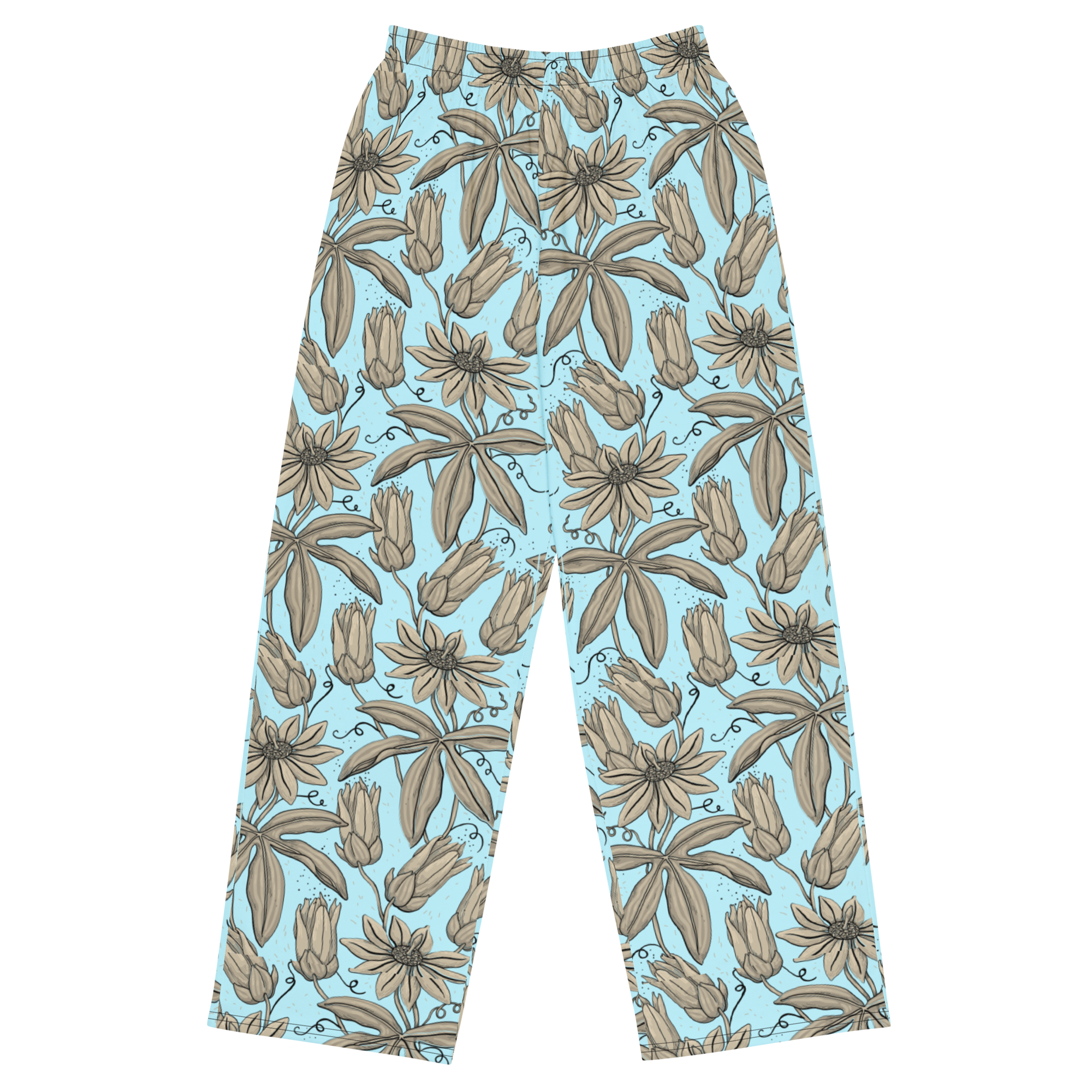 Floral patterned pants on a light blue background