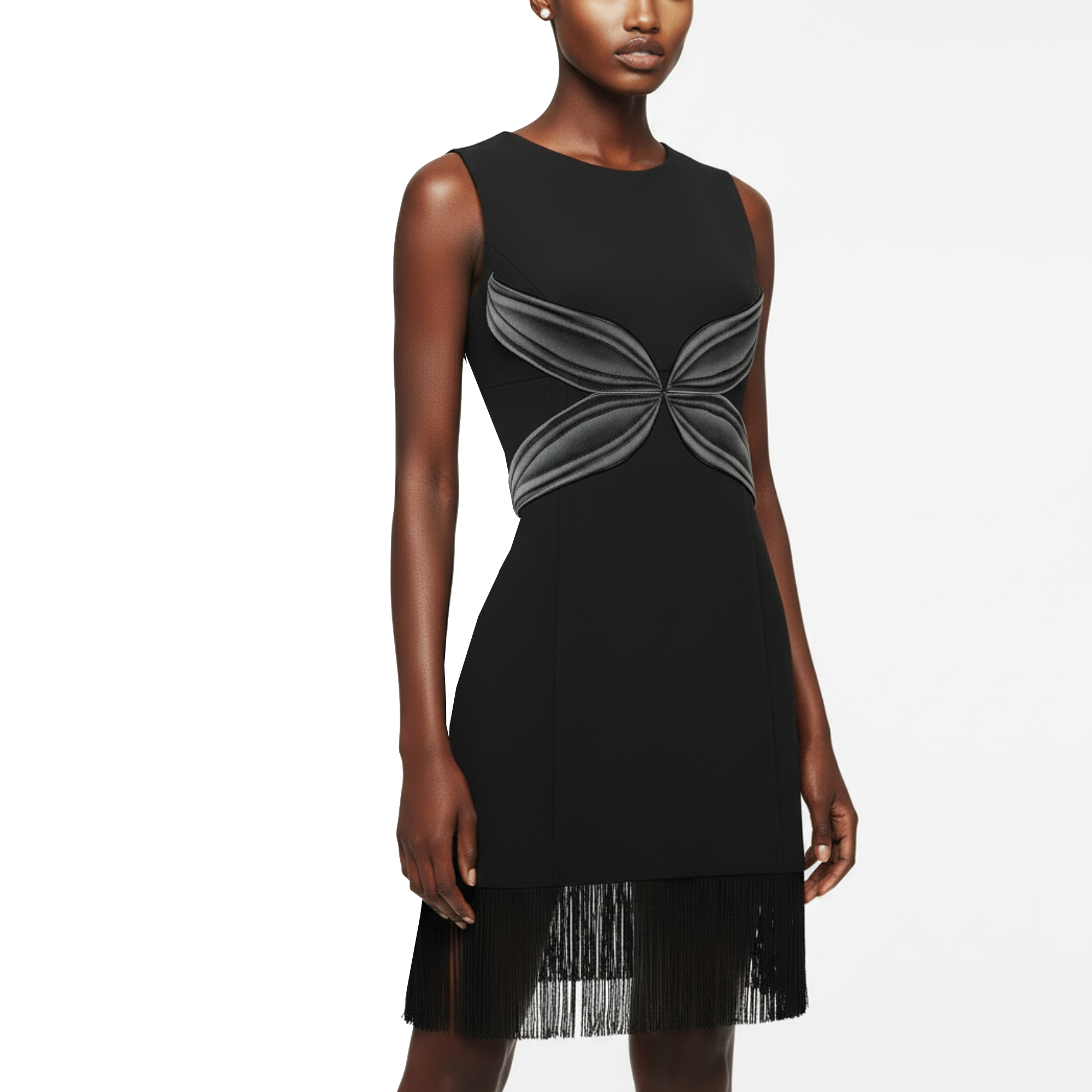 Black dress with gray abstract pattern on a white background