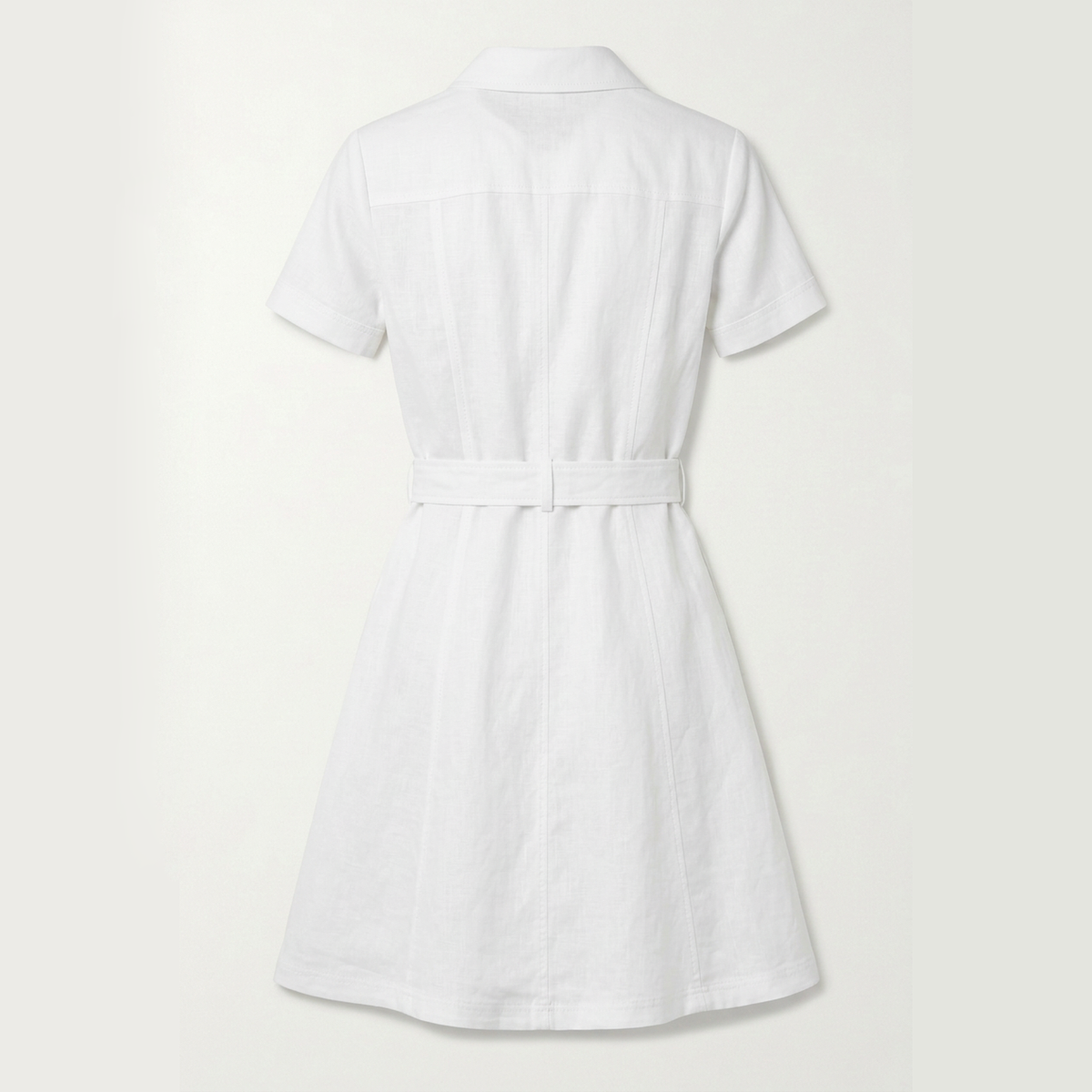 A white short-sleeve collared dress with a matching waist belt, shown from the back against a light off-white background.