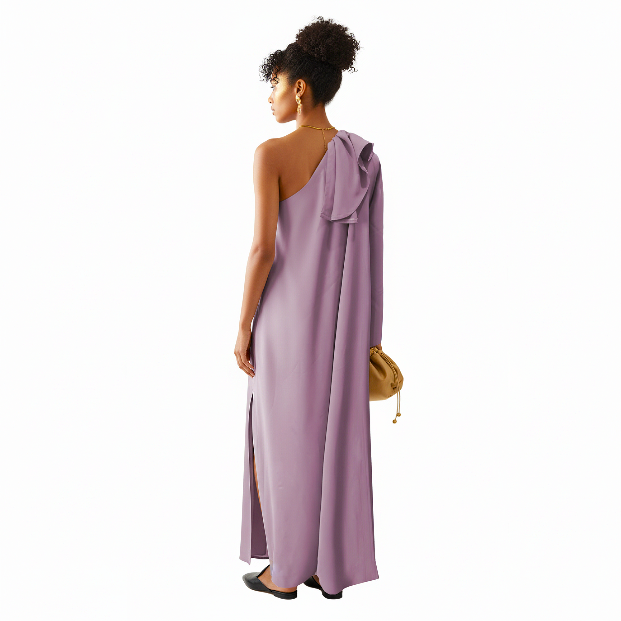 Woman wearing a one-shoulder purple dress on a white background