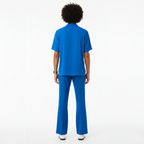 Person wearing a blue outfit on a white background