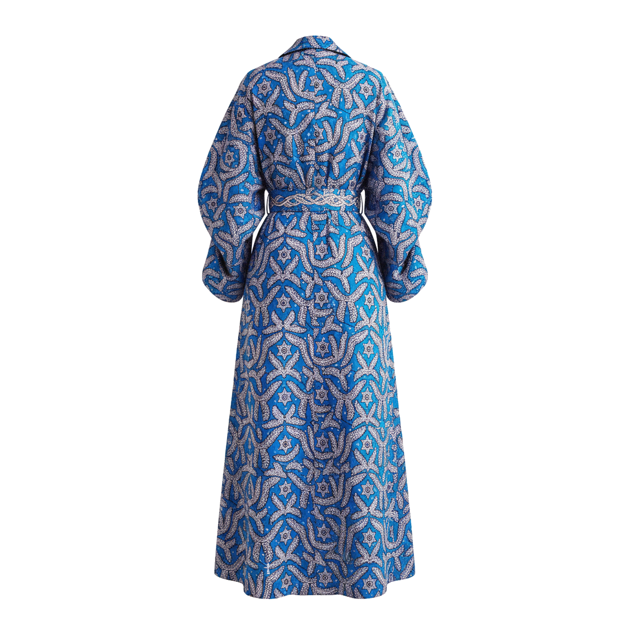 A long-sleeved maxi dress with a blue and beige geometric ikat pattern, shown from the back on a white background.