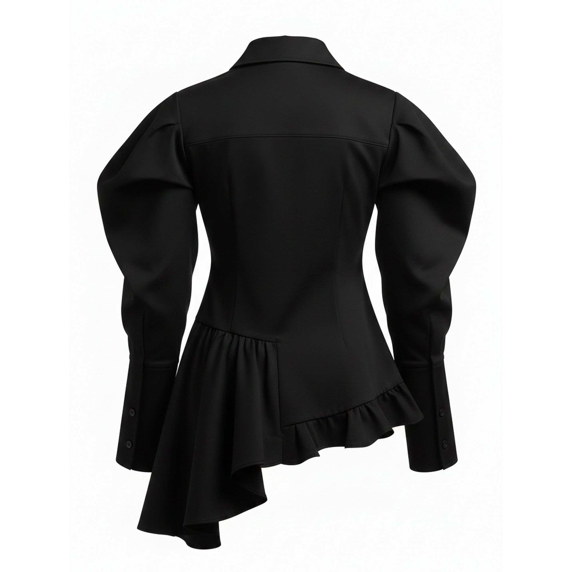Black shirt with ruffled design on a white background