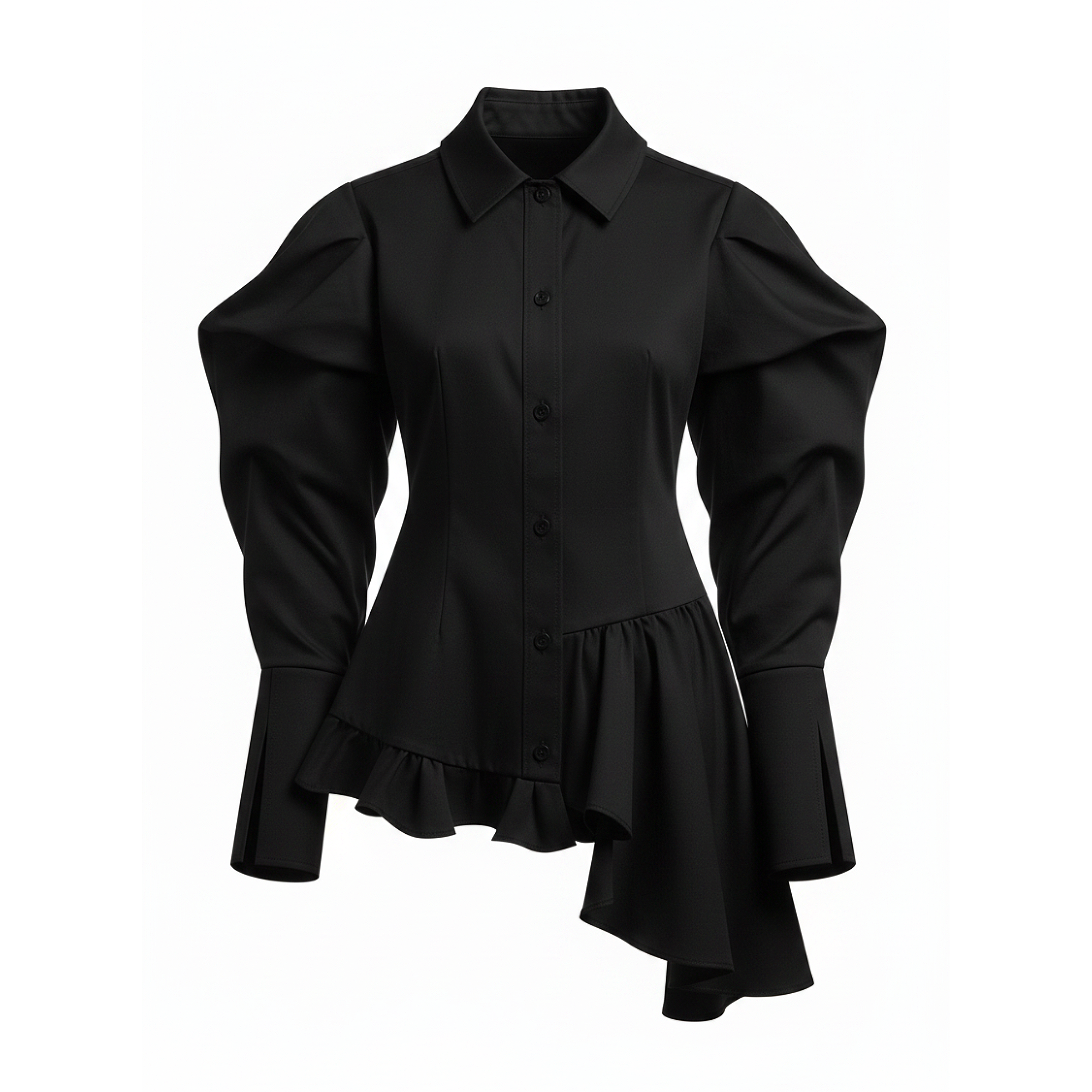 Black shirt with ruffled design on a white background