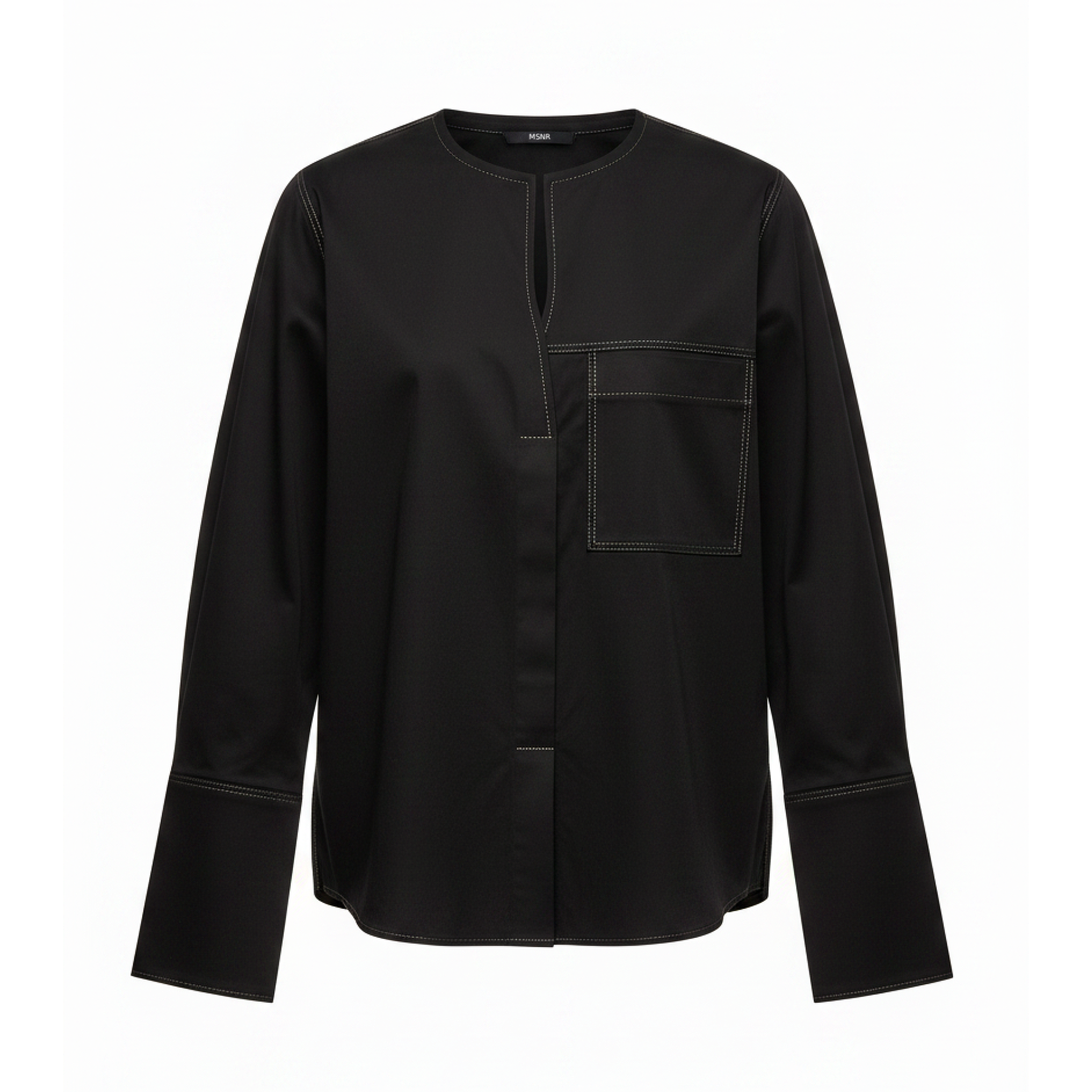 Black long-sleeve shirt with a pocket on a white background