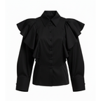Black blouse with ruffled shoulders on a white background