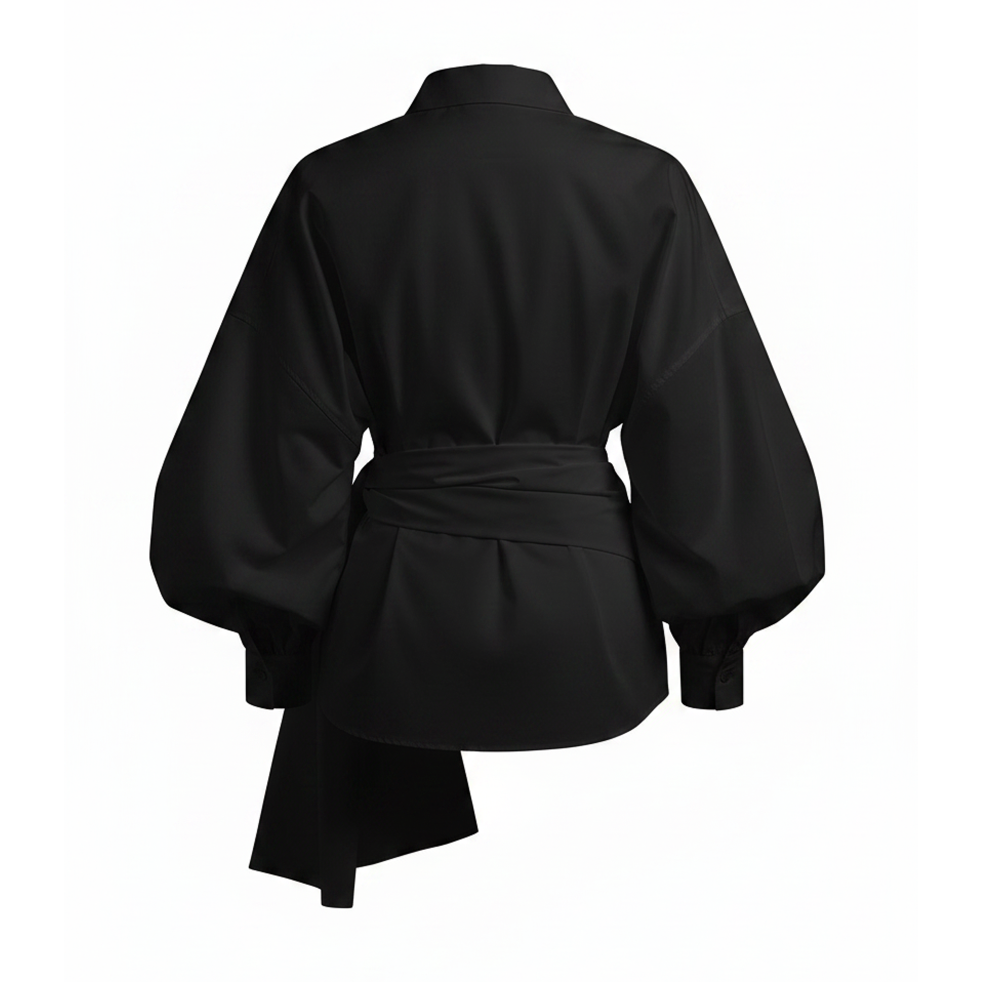Black kimono-style garment on a white background