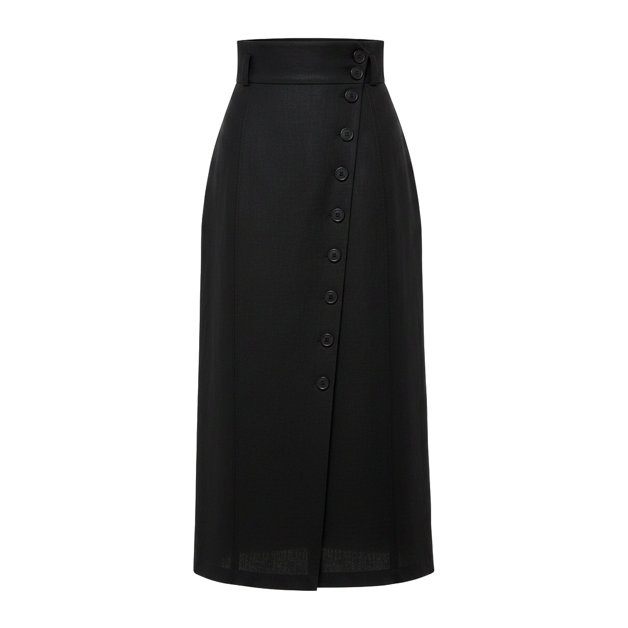 Black button-up skirt on a white background