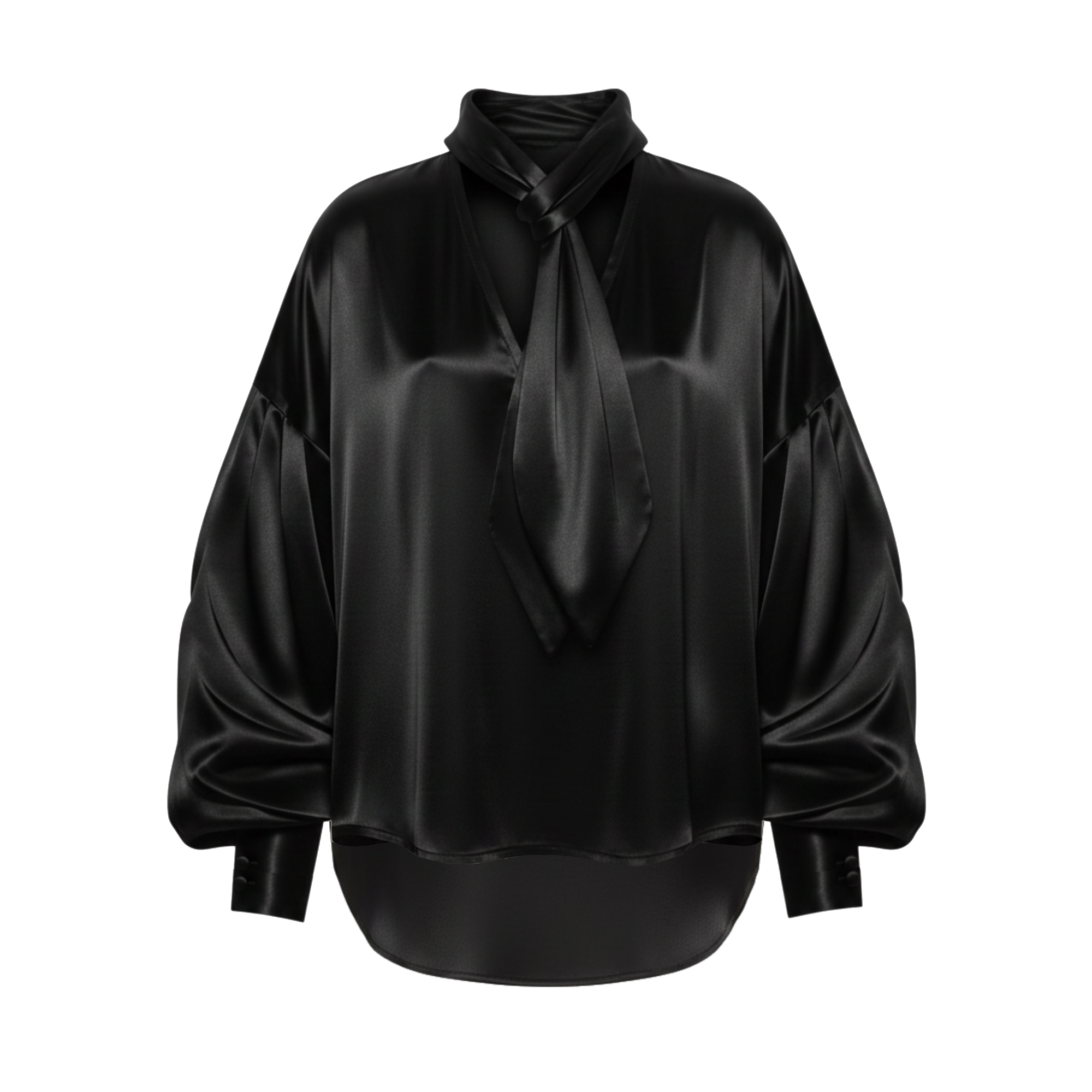 Black satin blouse with a tie-neck design on a white background