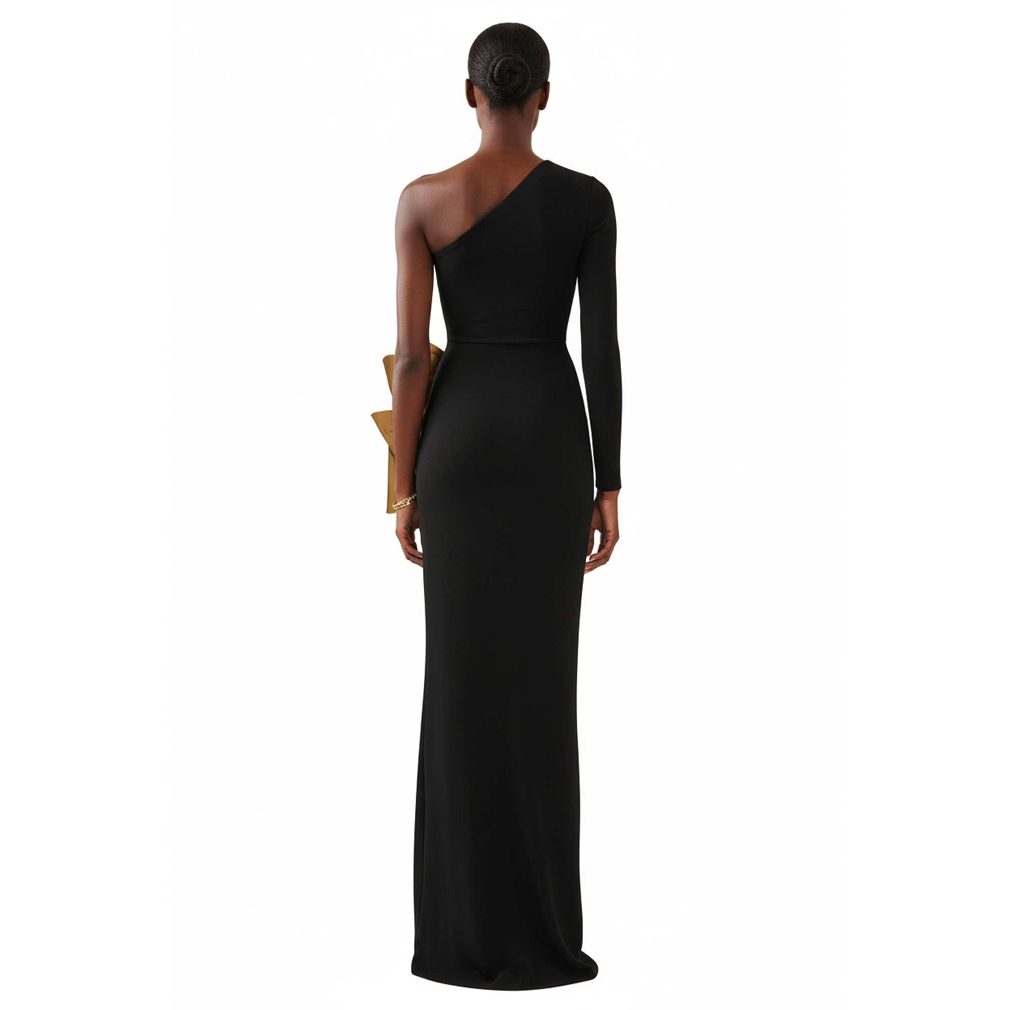 Woman wearing a black one-shoulder gown on a white background