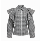 Black and white checkered blouse with ruffled sleeves on a white background