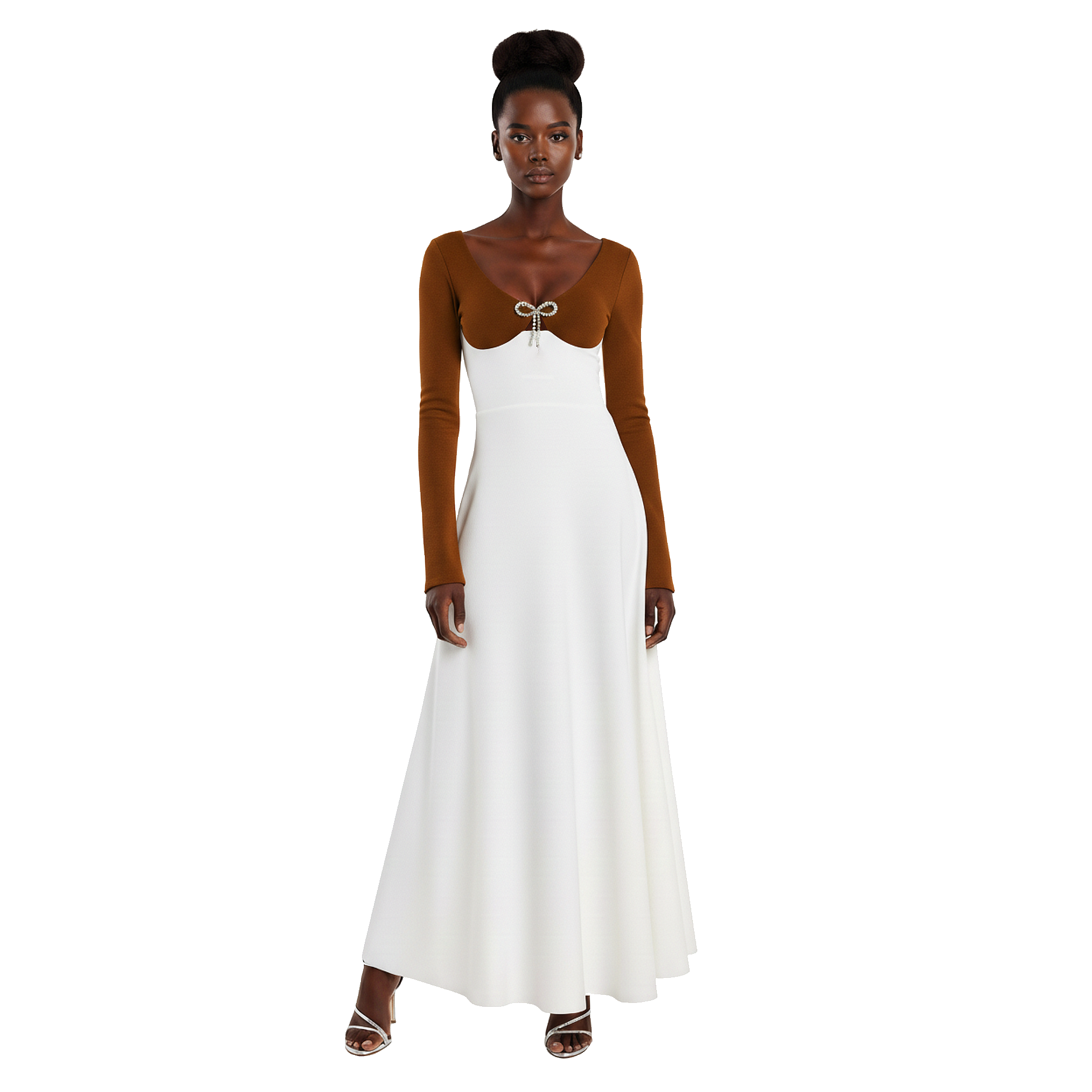 Woman wearing a long-sleeve dress with brown  and white dress on a white background