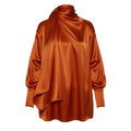 Orange satin dress with a high neckline on a white background