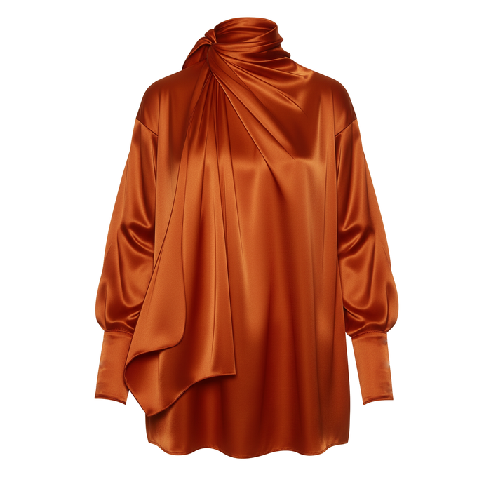Orange satin dress with a high neckline on a white background