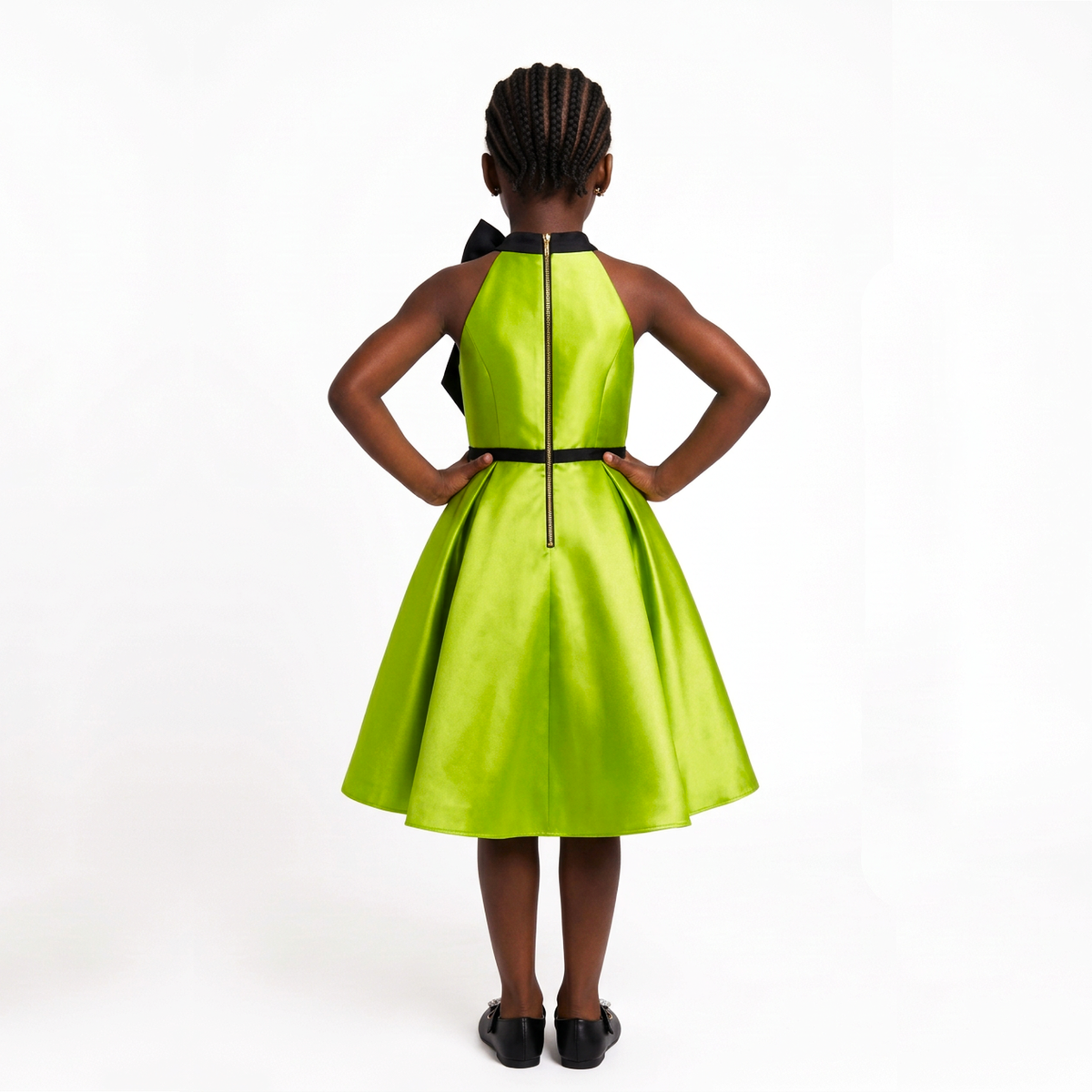 A young girl viewed from behind wearing a bright lime green halter dress with black trim and a black bow at the back, standing against a plain white studio background.