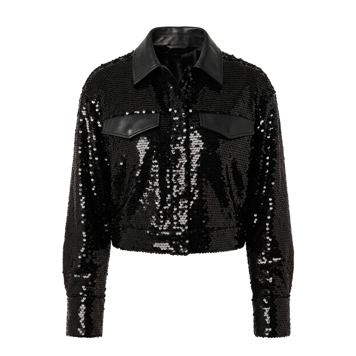 A black sequined cropped jacket with a pointed collar, button front, and two flap chest pockets, shown on a plain white background.