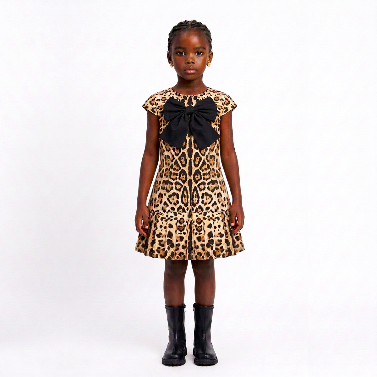 A young girl modeling a leopard print dress with a large black bow at the neckline, paired with black boots, against a plain white studio background.
