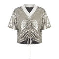 A short-sleeve sequined crop top with a white V-neck collar and white drawstrings at the front hem, shown on a plain white background.