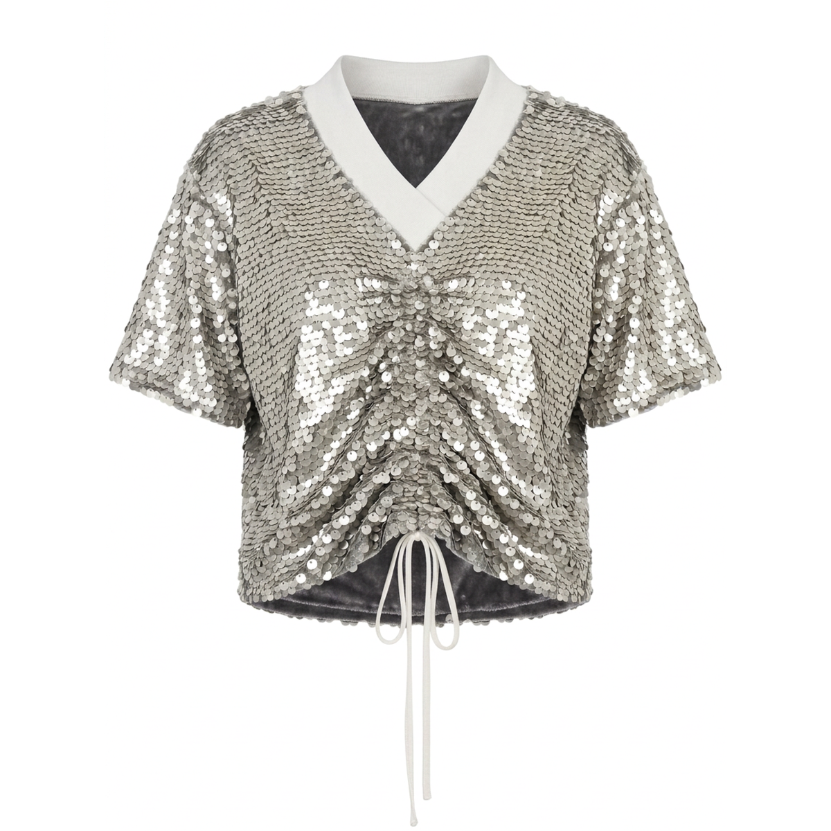 A short-sleeve sequined crop top with a white V-neck collar and white drawstrings at the front hem, shown on a plain white background.