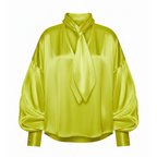 Yellow satin blouse with a tie neckline on a white background