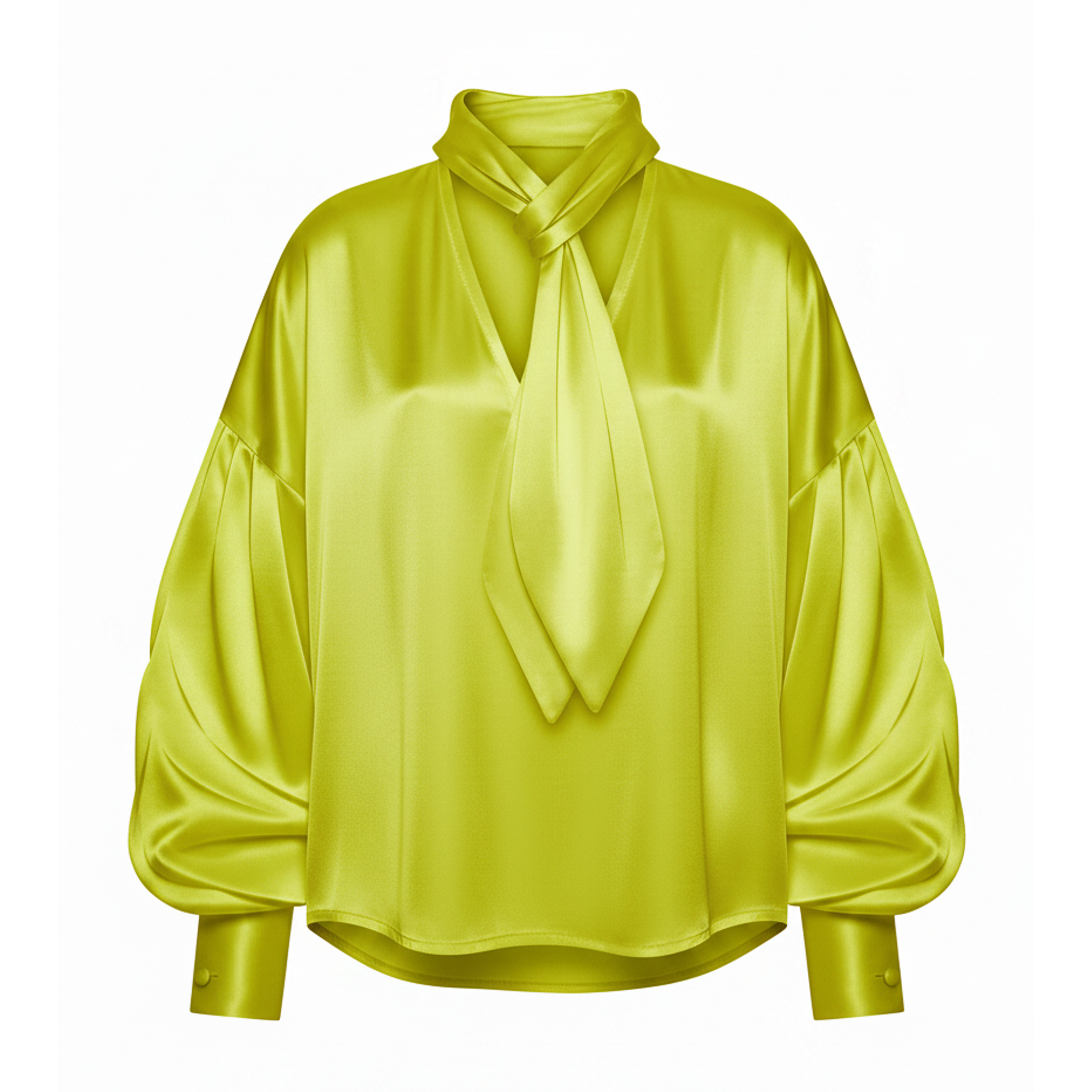 Yellow satin blouse with a tie neckline on a white background