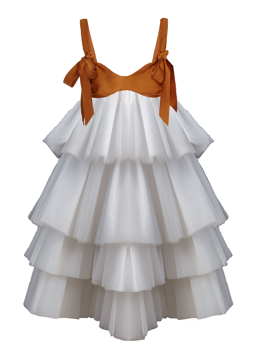 White tiered dress with brown top on a white background