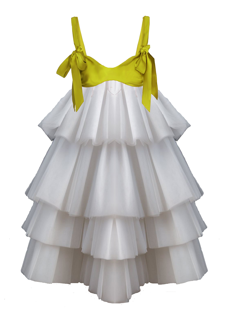 White tiered dress with yellow top on a white background