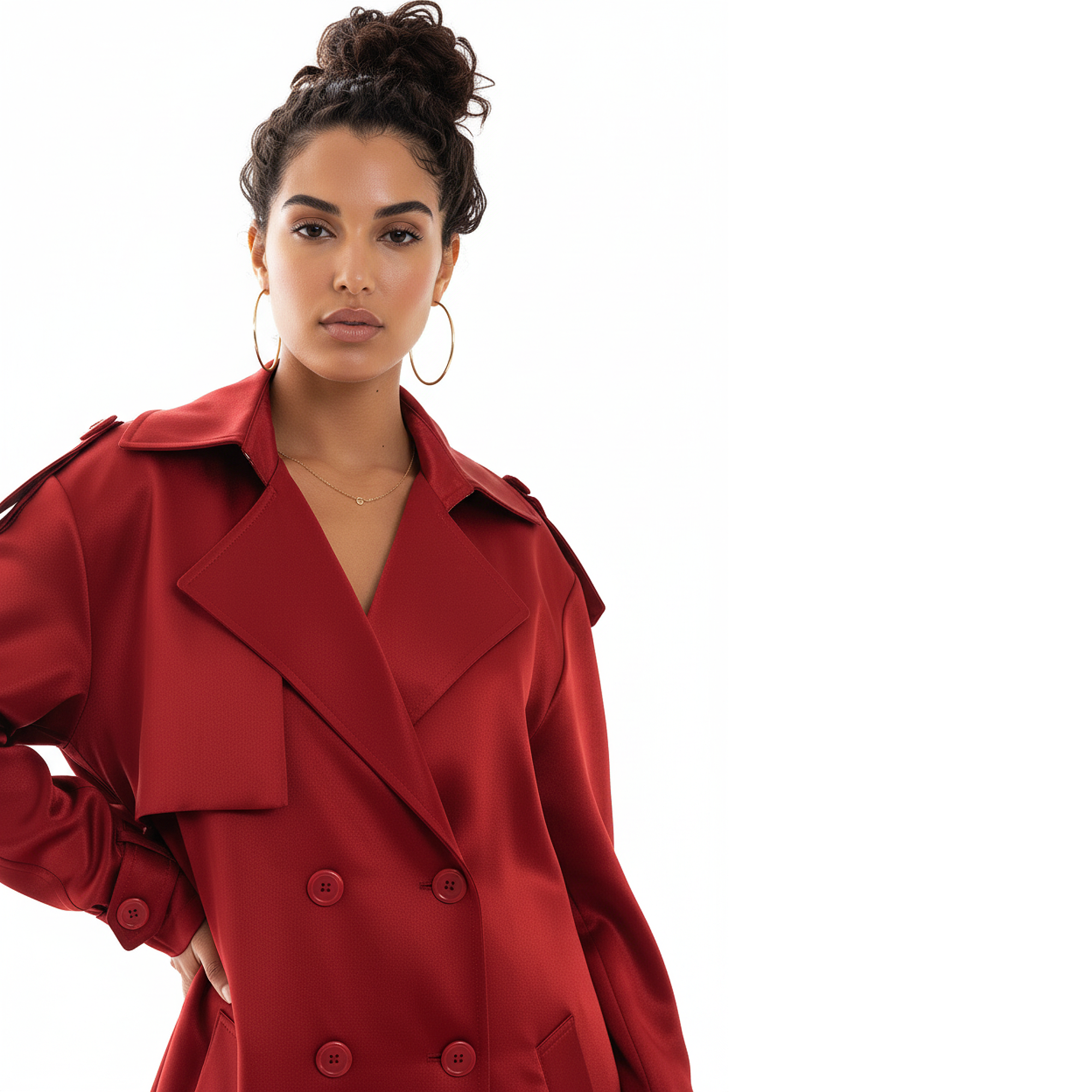 Woman wearing a red trench coat on a white background