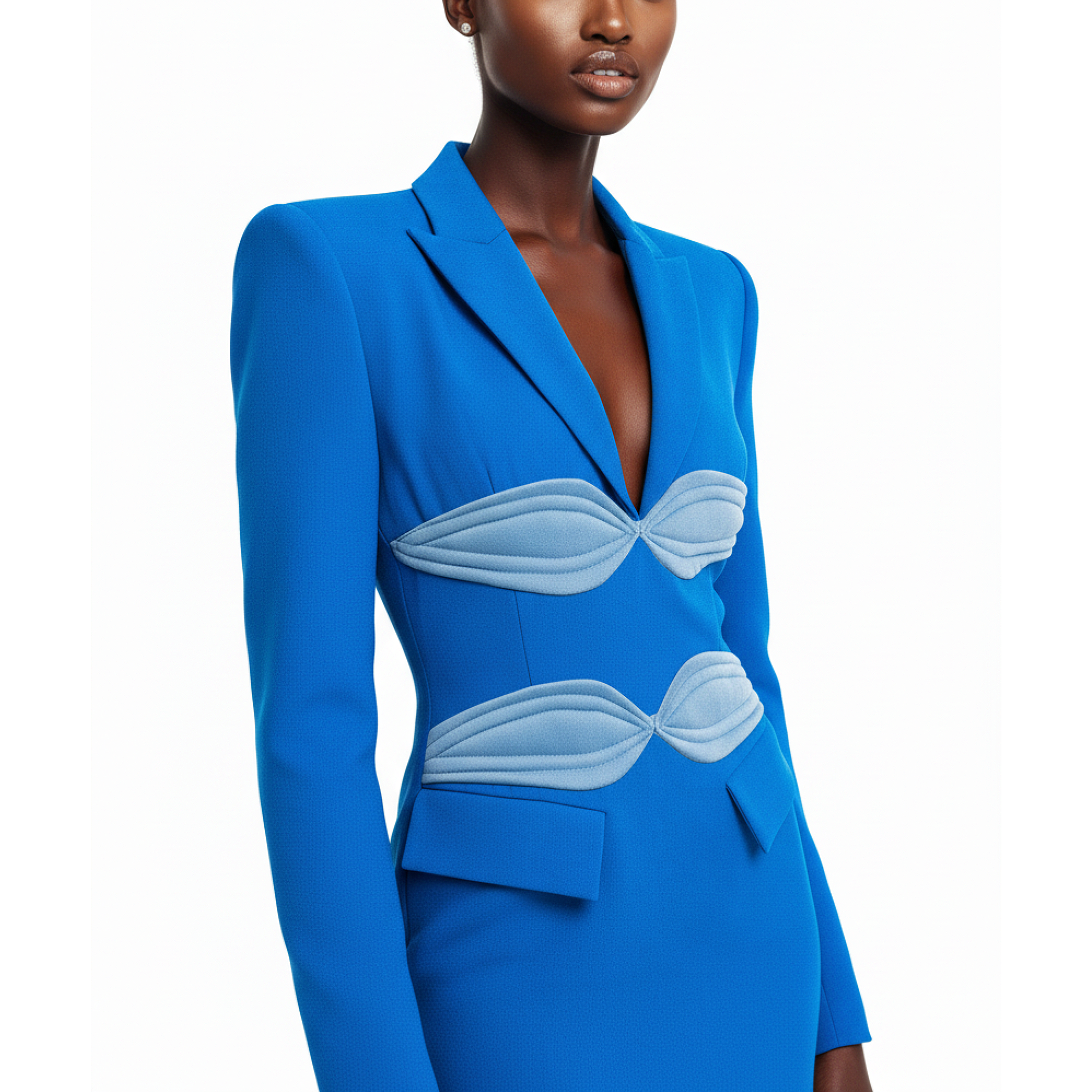 Blue blazer with fish-scale pattern on a white background