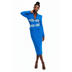 Woman wearing a blue dress with a white background