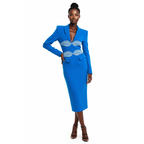 Woman wearing a blue dress with a white pattern on a white background