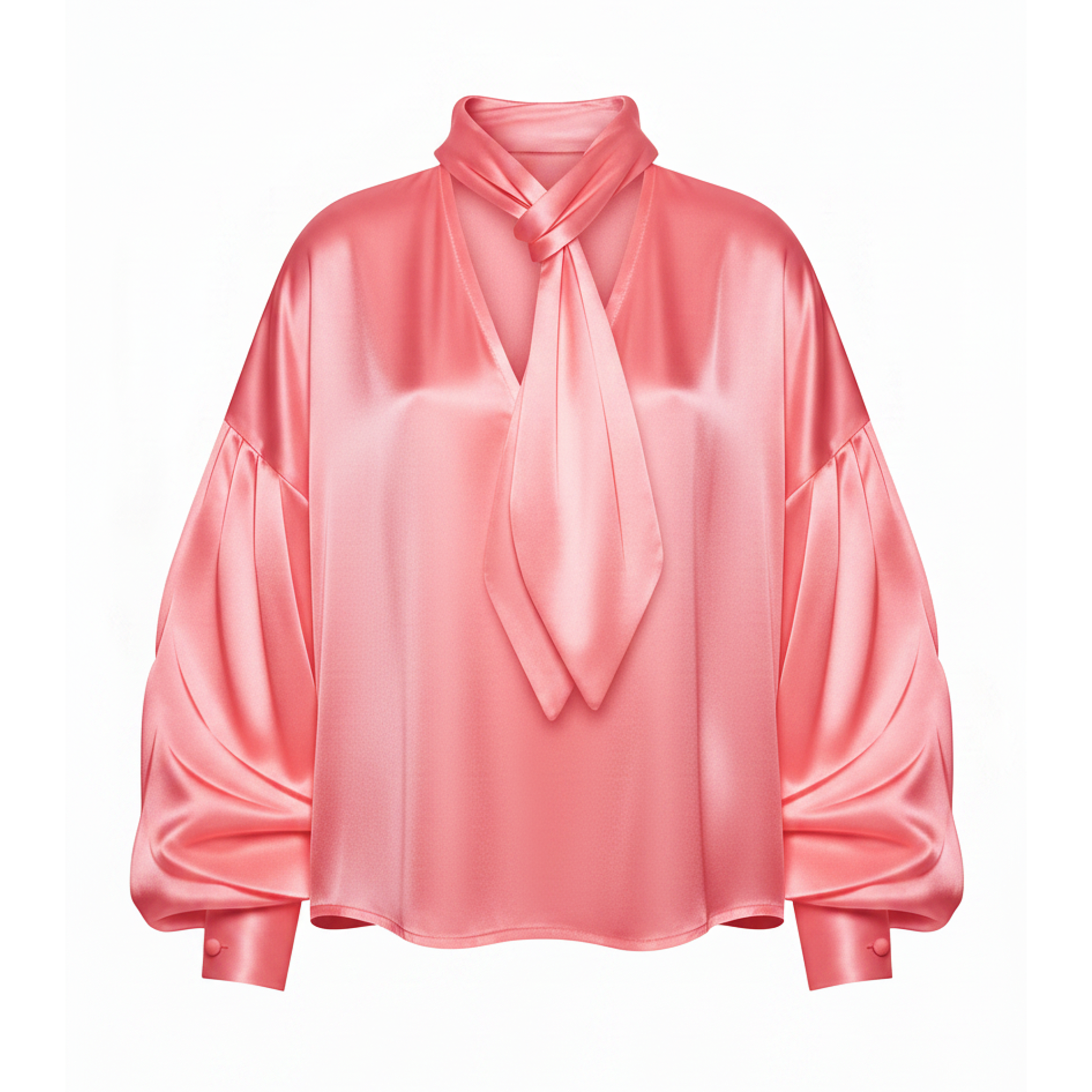 Pink satin blouse with a tie neckline on a white background
