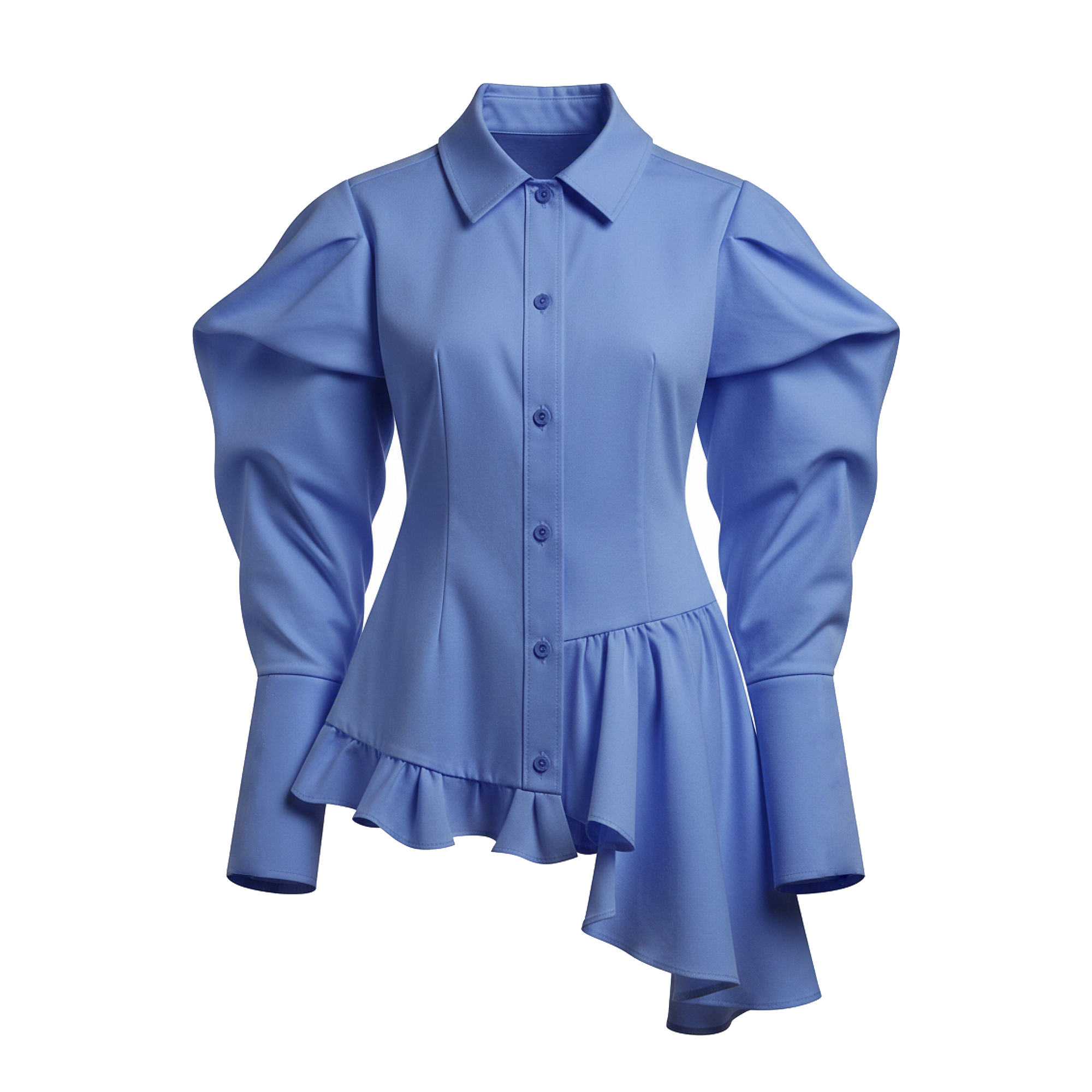 Blue shirt with ruffled sleeves on a white background