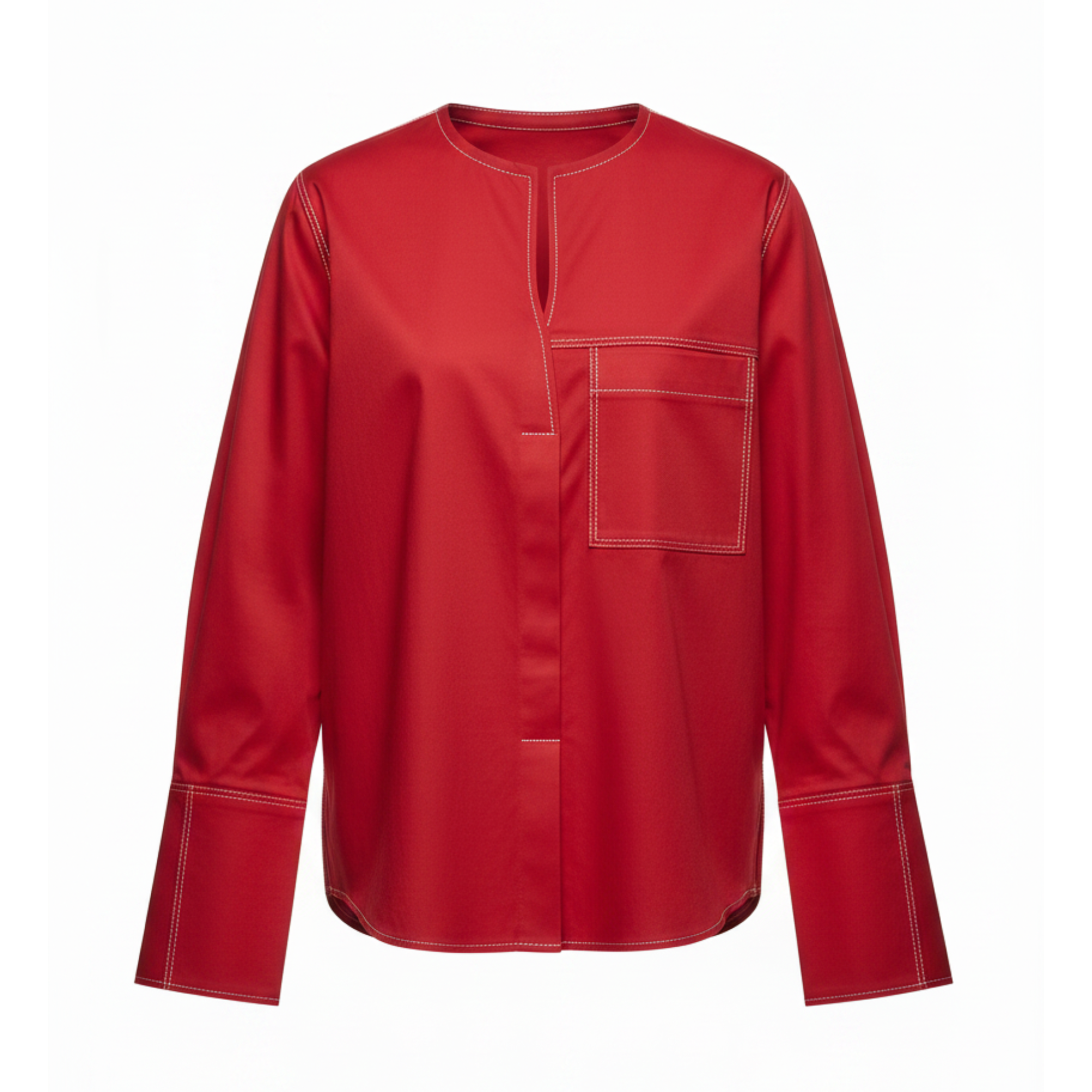 Red long-sleeve shirt with a pocket on a white background