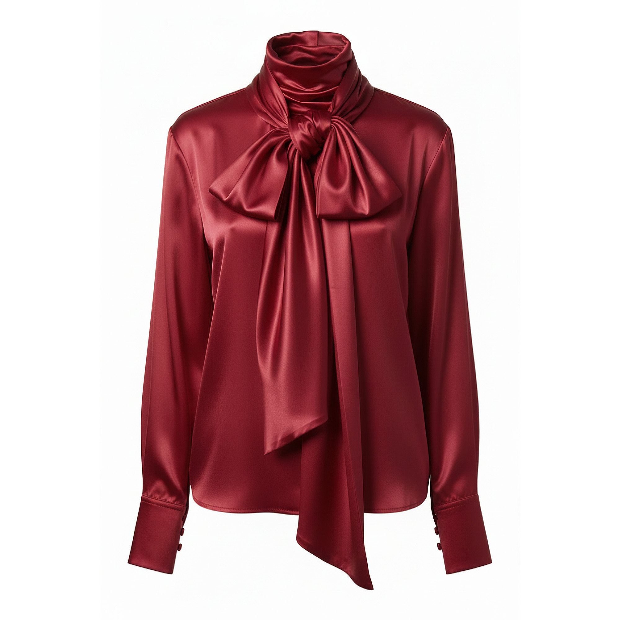 Red satin blouse with a large bow on a white background
