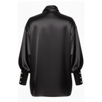 Black satin shirt with pearl buttons on a white background