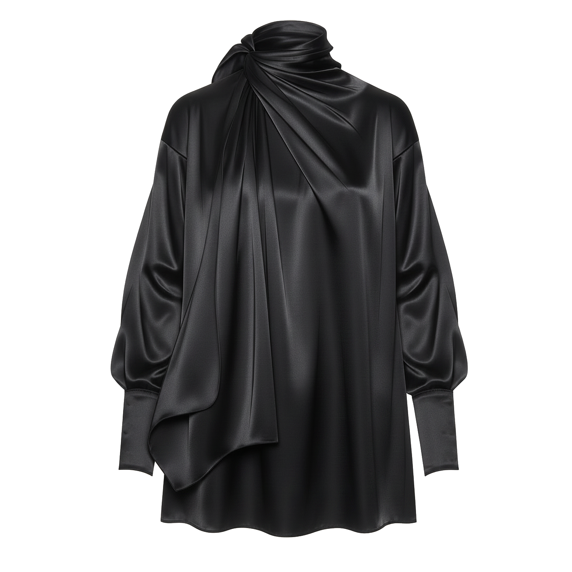 Black satin blouse with a draped design on a white background