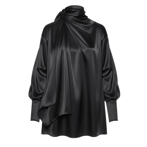 Black satin blouse with a draped design on a white background