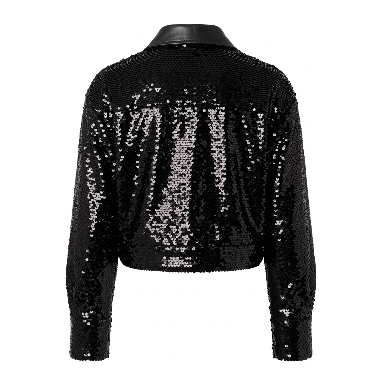 A black long-sleeve sequin jacket with a collar, shown from the back against a plain white background.