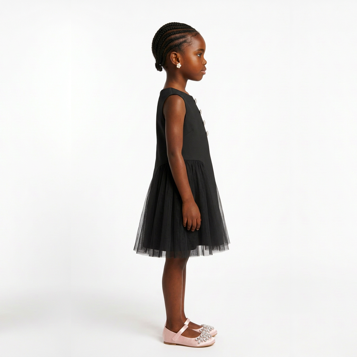 Maya Girls' Button-Detail Tulle Panel Dress