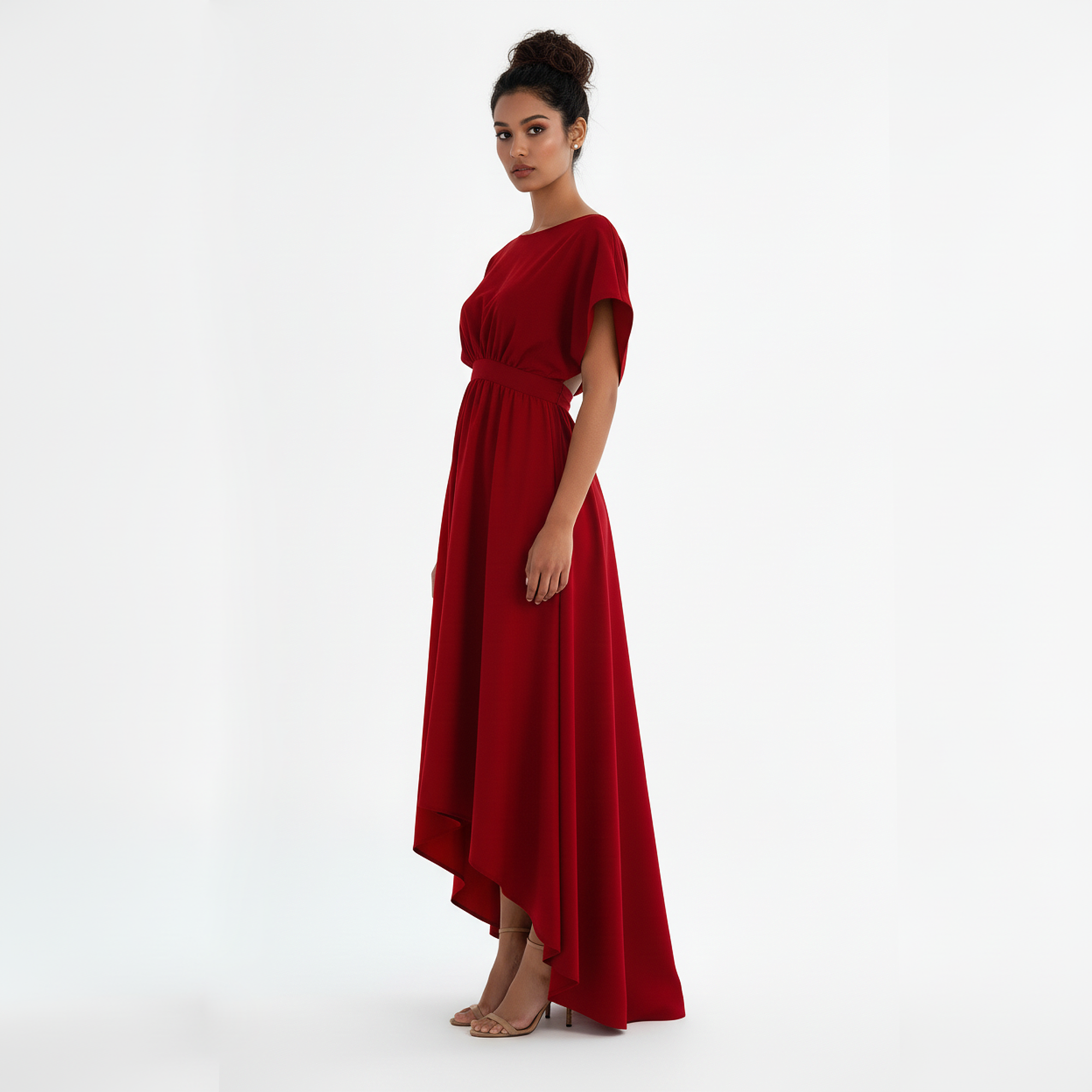 Woman wearing a red dress on a white background