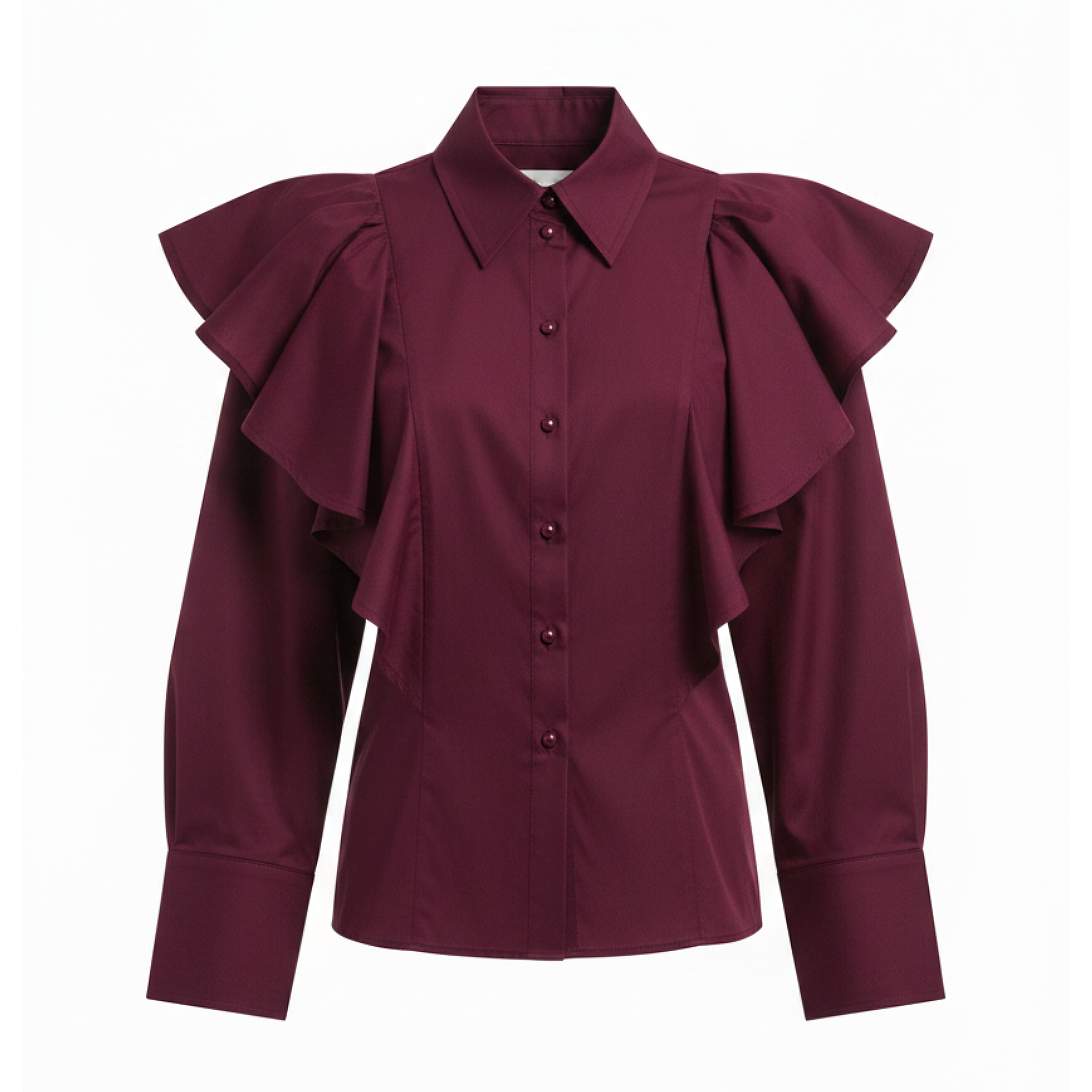 Maroon blouse with ruffled shoulders on a white background
